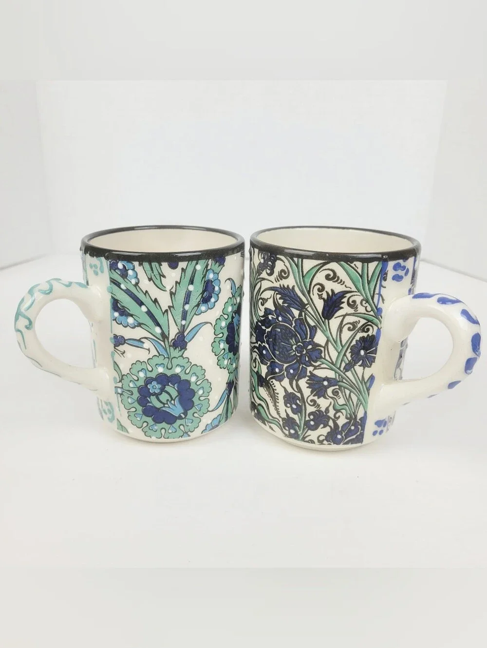 Nakkas Ceramic Hand Painted Mug~Iznik Style Turkey~Blue Green Floral~Set of 2